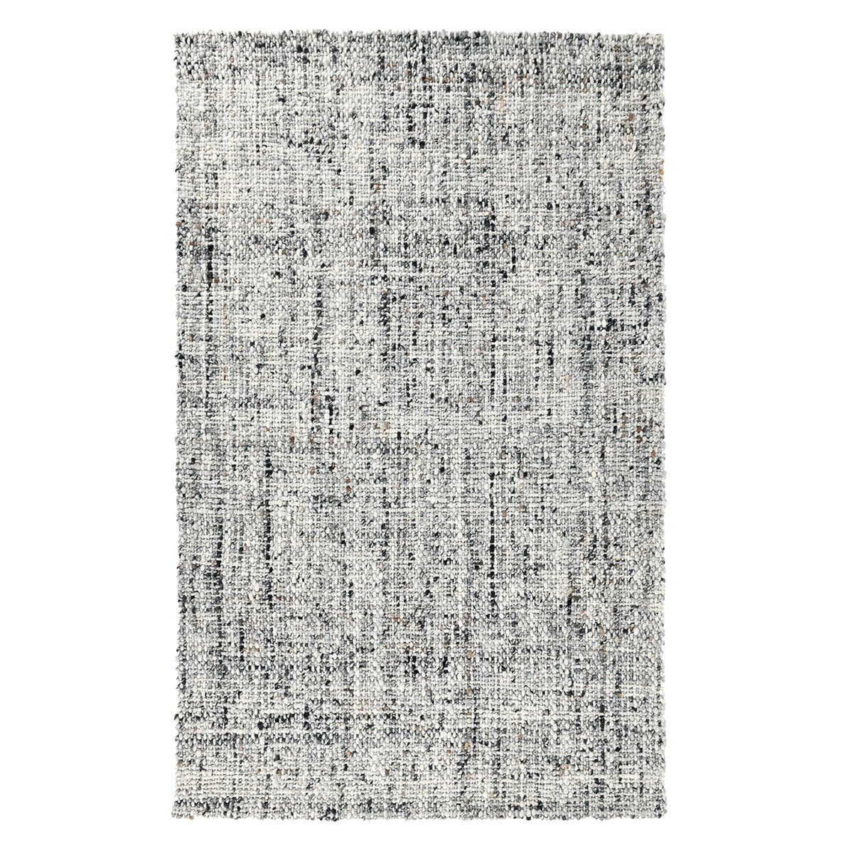 Gray wool rug with speckled texture and short fringe edges