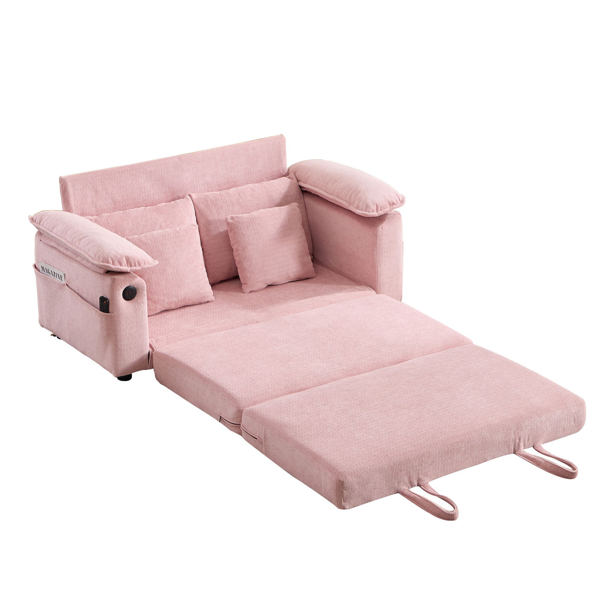 Upholstered futon sofa bed, pink fabric, plush back cushions and extended chaise