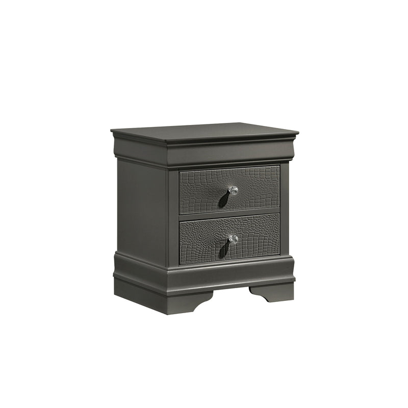 Dark gray modern 2-drawer nightstand with textured drawer fronts and metal knobs