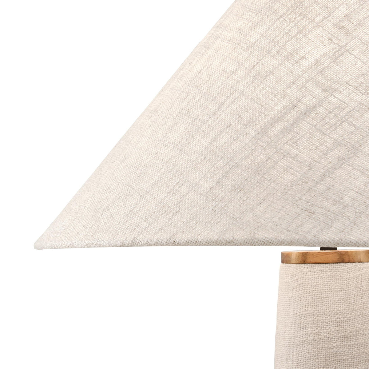 Beige conical lampshade with textured fabric and wood-tone trim at top