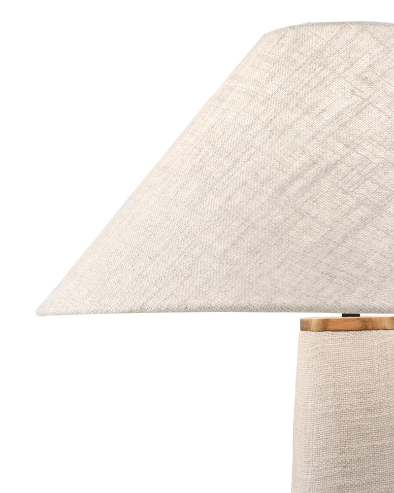 Beige conical lampshade with textured fabric and wood-tone trim at top