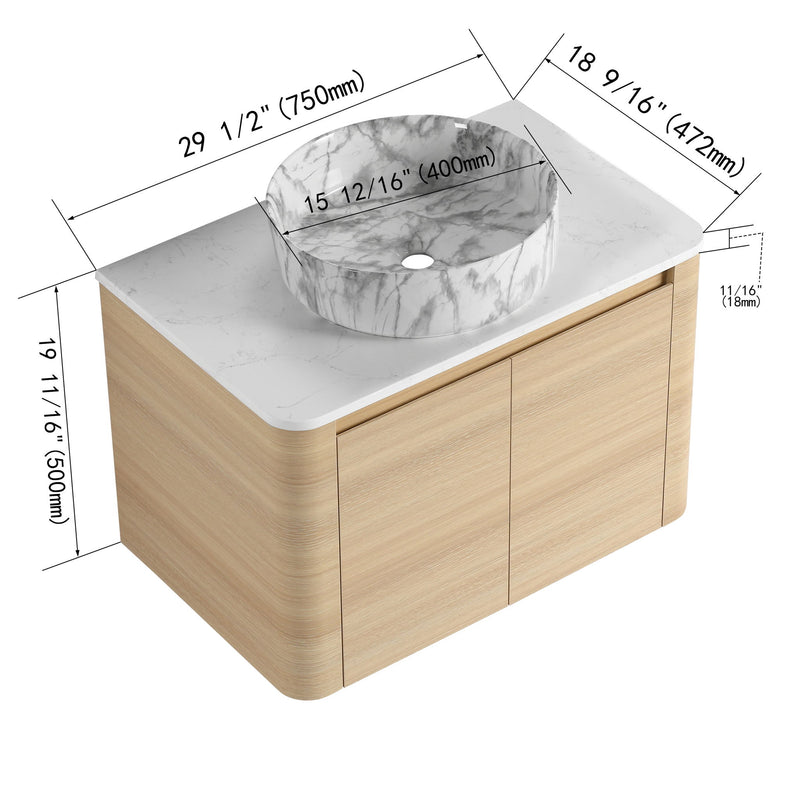 Mounted bathroom vanity with white marble-look art sink, light wood, with size dimensions