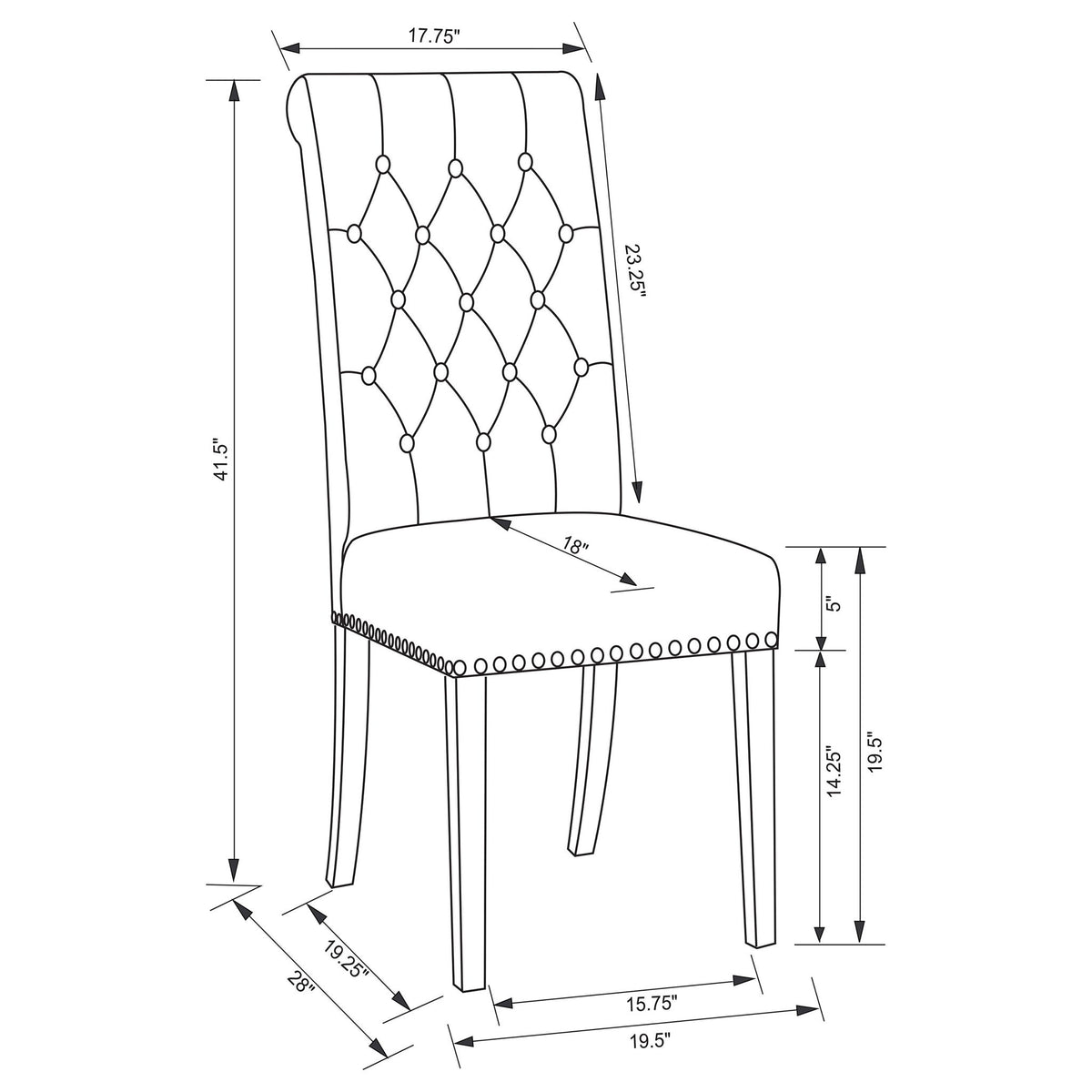 Tufted rolled backrest side chair size diagram with measurements and nailhead trim