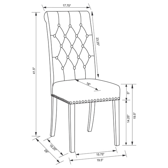 Tufted rolled backrest side chair size diagram with measurements and nailhead trim