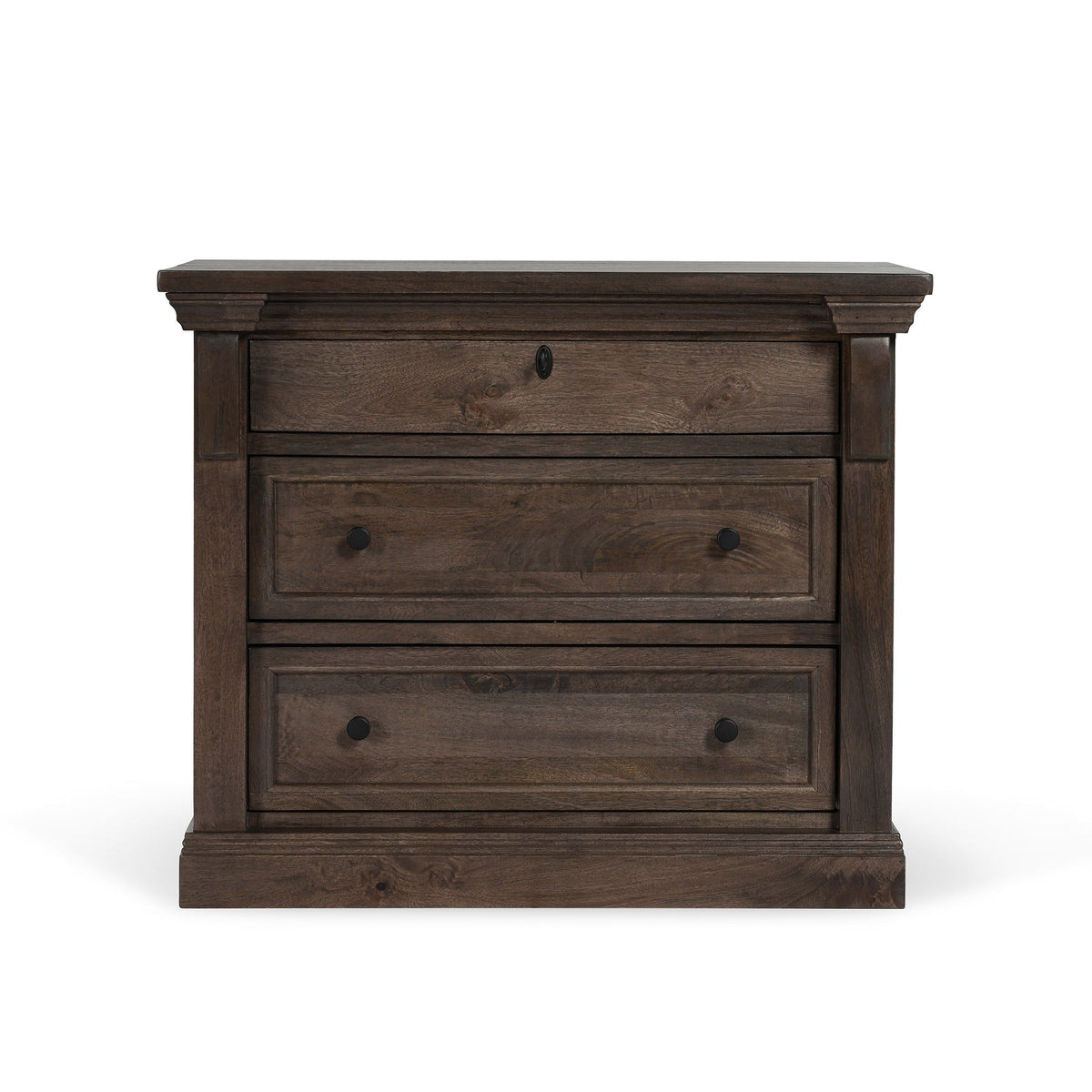 Cocoa brown wood nightstand with three drawers and round black pulls