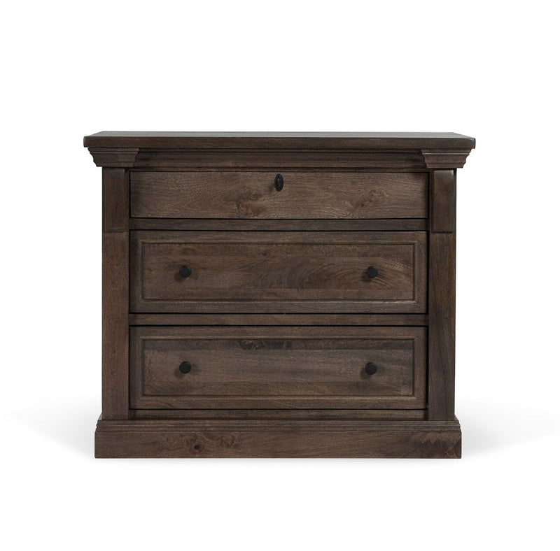 Cocoa brown wood nightstand with three drawers and round black pulls
