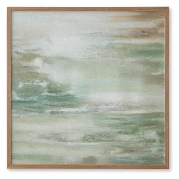 Daybourne abstract wall art with green and brown textured strokes, white tones, wood frame
