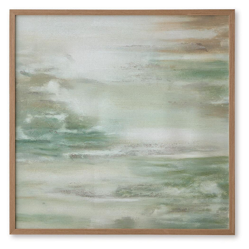 Daybourne abstract wall art with green and brown textured strokes, white tones, wood frame