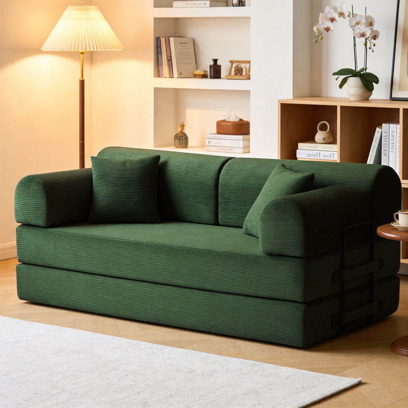 Dark green convertible sleeper sofa bed shown front-left with three back cushion panels