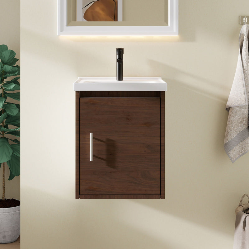 Wall-mounted bathroom vanity cabinet with ceramic sink, dark brown door and white countertop