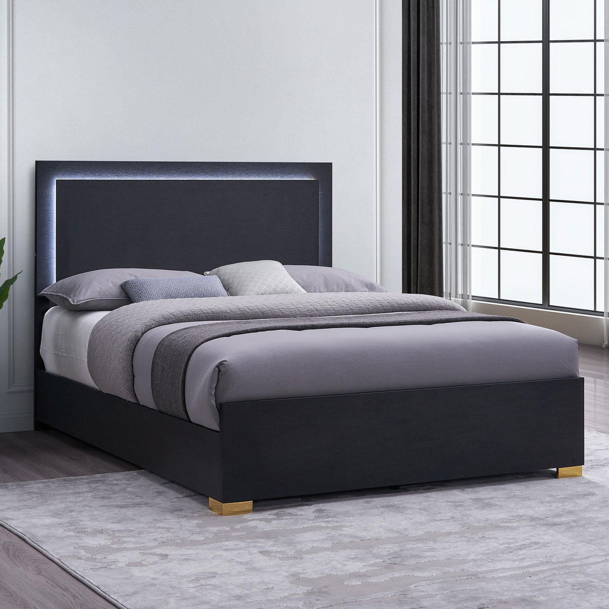 Marceline Wood Queen LED Panel Bed Black