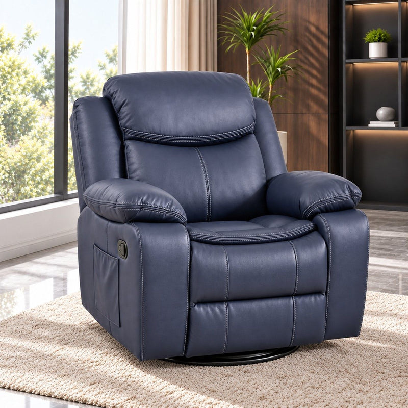 Blue rocker recliner chair with rounded arms and reclined seat