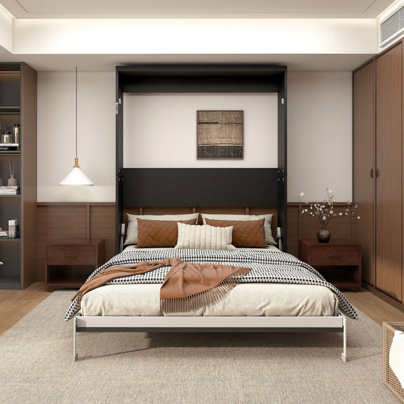 Vertical Murphy wall bed with closed cabinet face, built-in shelves and drawers, queen bed.