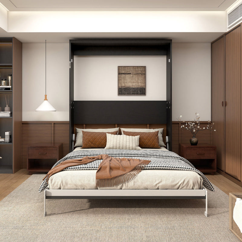 Vertical Murphy wall bed with closed cabinet face, built-in shelves and drawers, queen bed.