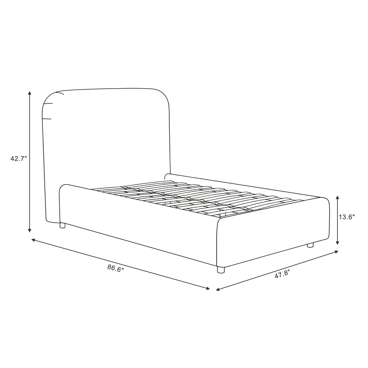 Upholstered rounded bed frame size diagram with slatted base and outlined dimensions
