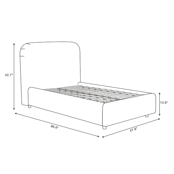 Upholstered rounded bed frame size diagram with slatted base and outlined dimensions