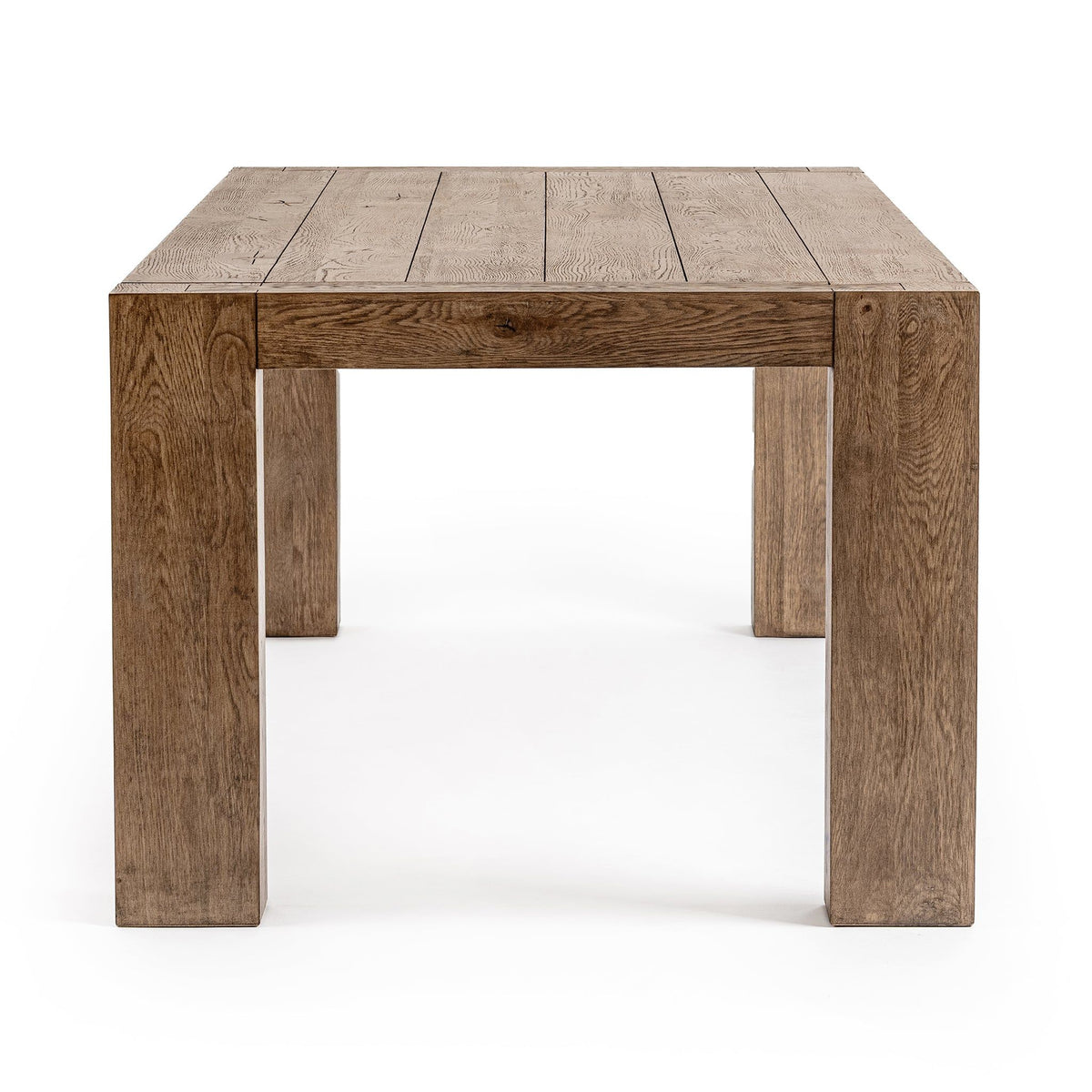 Rectangular dining table in natural oak wood grain with block legs, front view