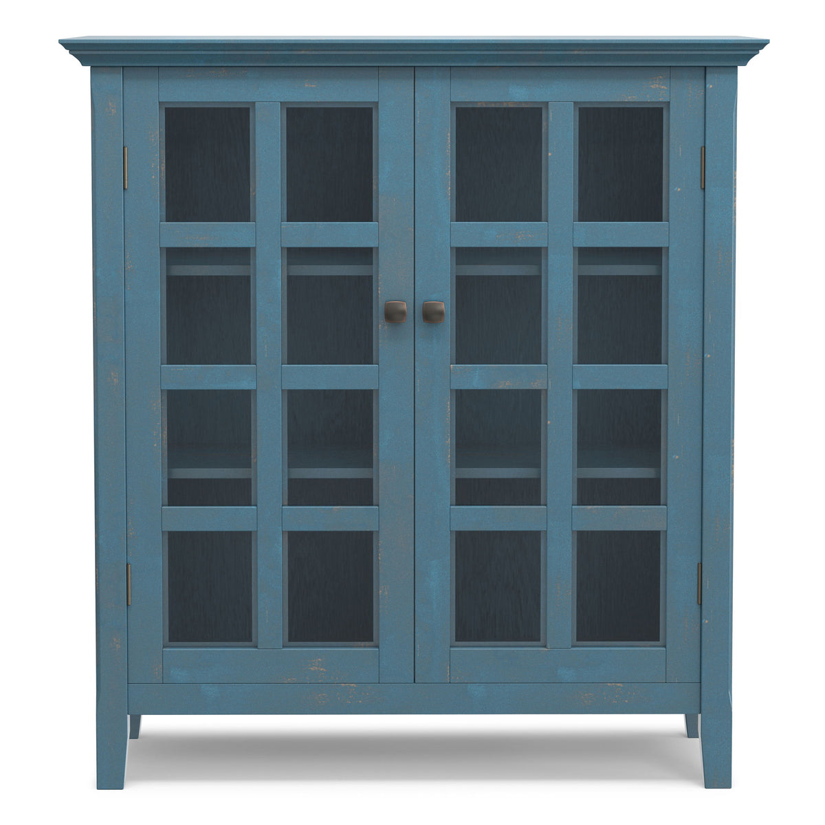 Medium storage cabinet with two glass doors in blue, silver knobs, and grid-style shelves.