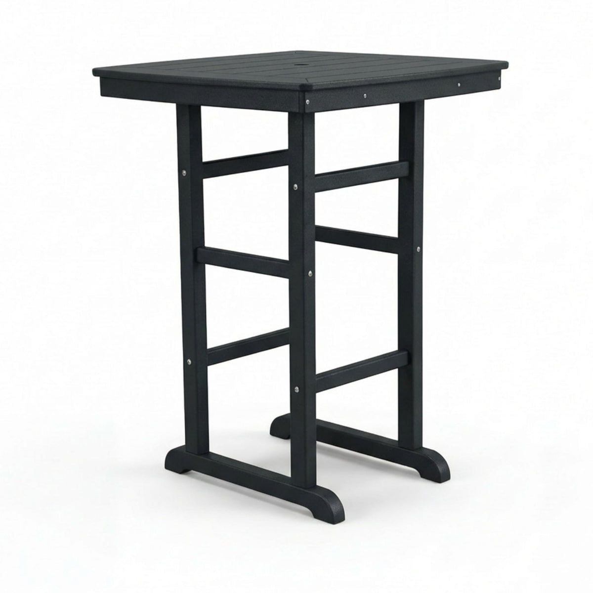 Bar-height outdoor table in black with square tabletop and four-legged base
