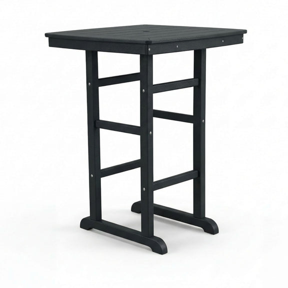 Bar-height outdoor table in black with square tabletop and four-legged base