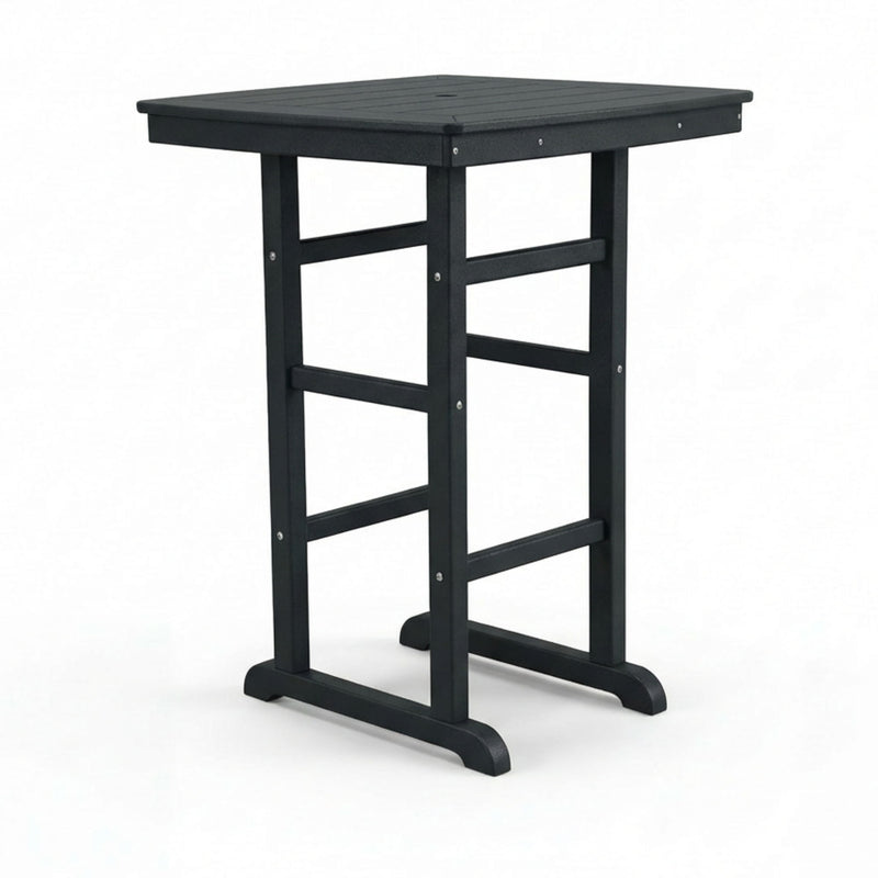 Bar-height outdoor table in black with square tabletop and four-legged base