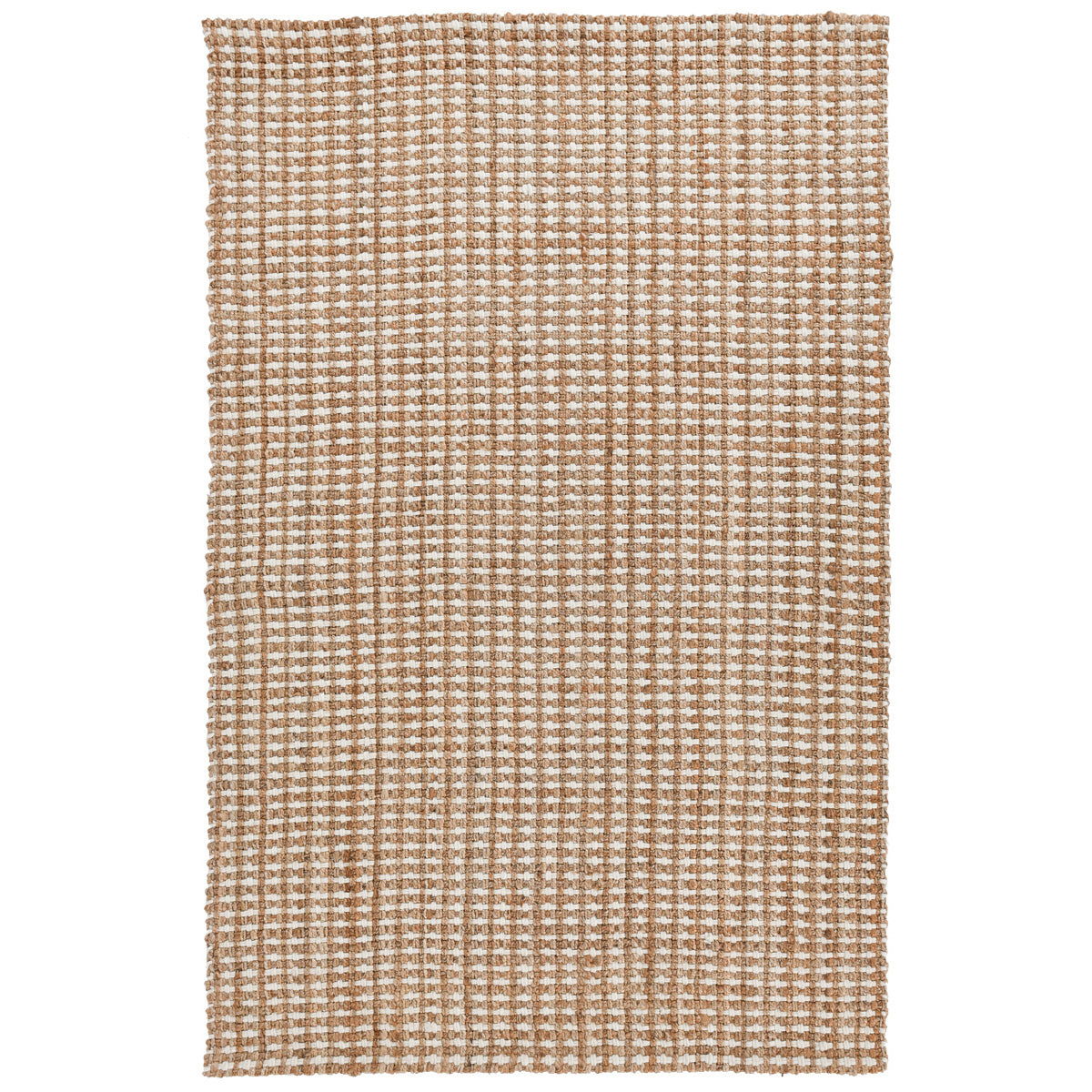 Natural woven area rug in tan with cream highlights and tight grid weave