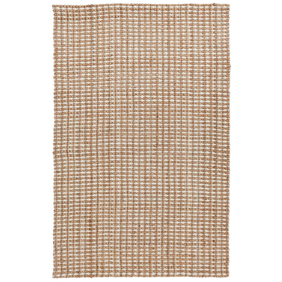 Natural woven area rug in tan with cream highlights and tight grid weave