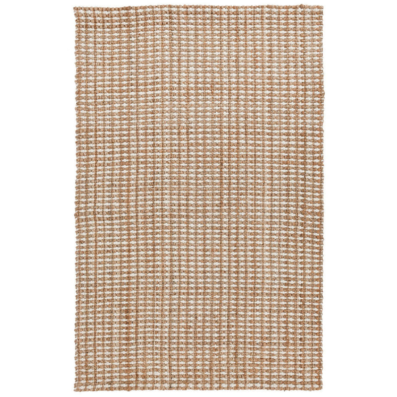 Natural woven area rug in tan with cream highlights and tight grid weave