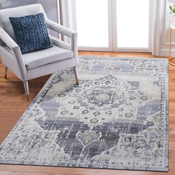 Payas medallion area rug in light cream and blue, large patchwork medallion design