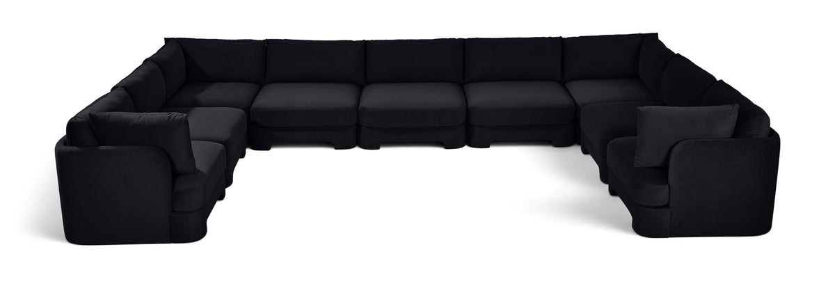 Black velvet modular sectional, 9-piece set with wide chaise and corner arms.