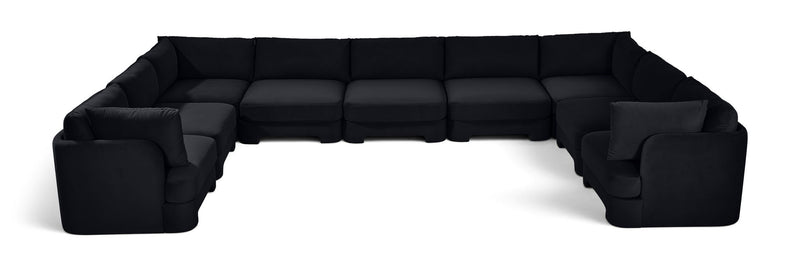 Black velvet modular sectional, 9-piece set with wide chaise and corner arms.