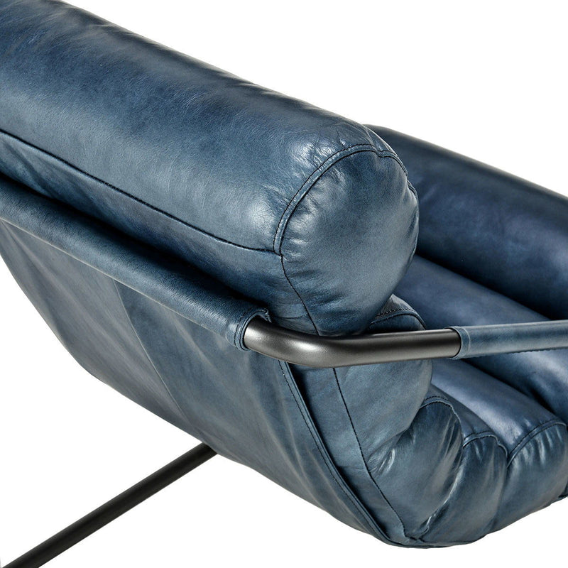 Jackson accent chair in blue leather, rounded armrest with black metal base