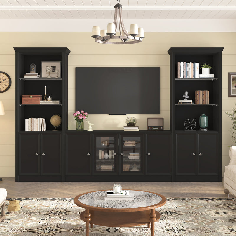Entertainment Center Tempered Glass Adjustable Shelves Fits 80" TV Black 128.2-inch