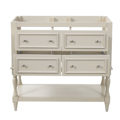 White bathroom vanity cabinet with four drawers, silver knobs, and turned legs