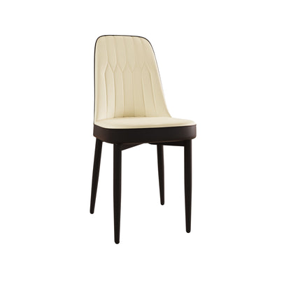 Beige upholstered dining chair with quilted back, thick seat cushion, and black metal legs
