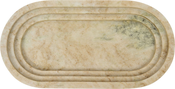 Light beige marble oval tray with raised rim and faint green speckles
