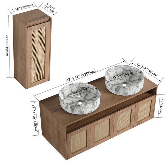 Double sink bathroom vanity with oval stone bowls and mesh-front cabinet doors, with wall cabinet