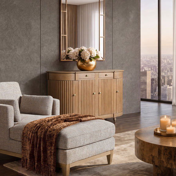 Brown side table with multiple doors, drawers, and brass-tone knobs on tapered legs