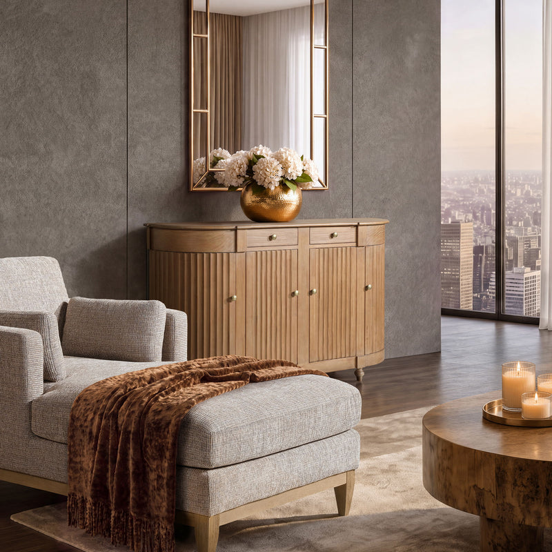 Brown side table with multiple doors, drawers, and brass-tone knobs on tapered legs