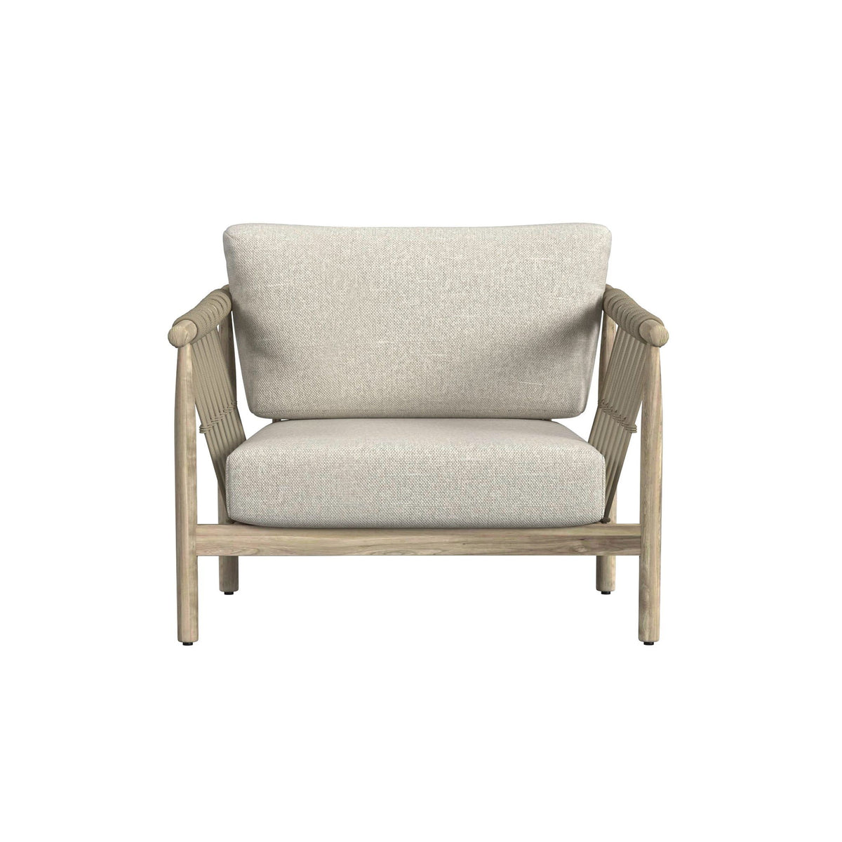 Outdoor accent chair with woven arm sides, tall backrest, and light taupe fabric seat