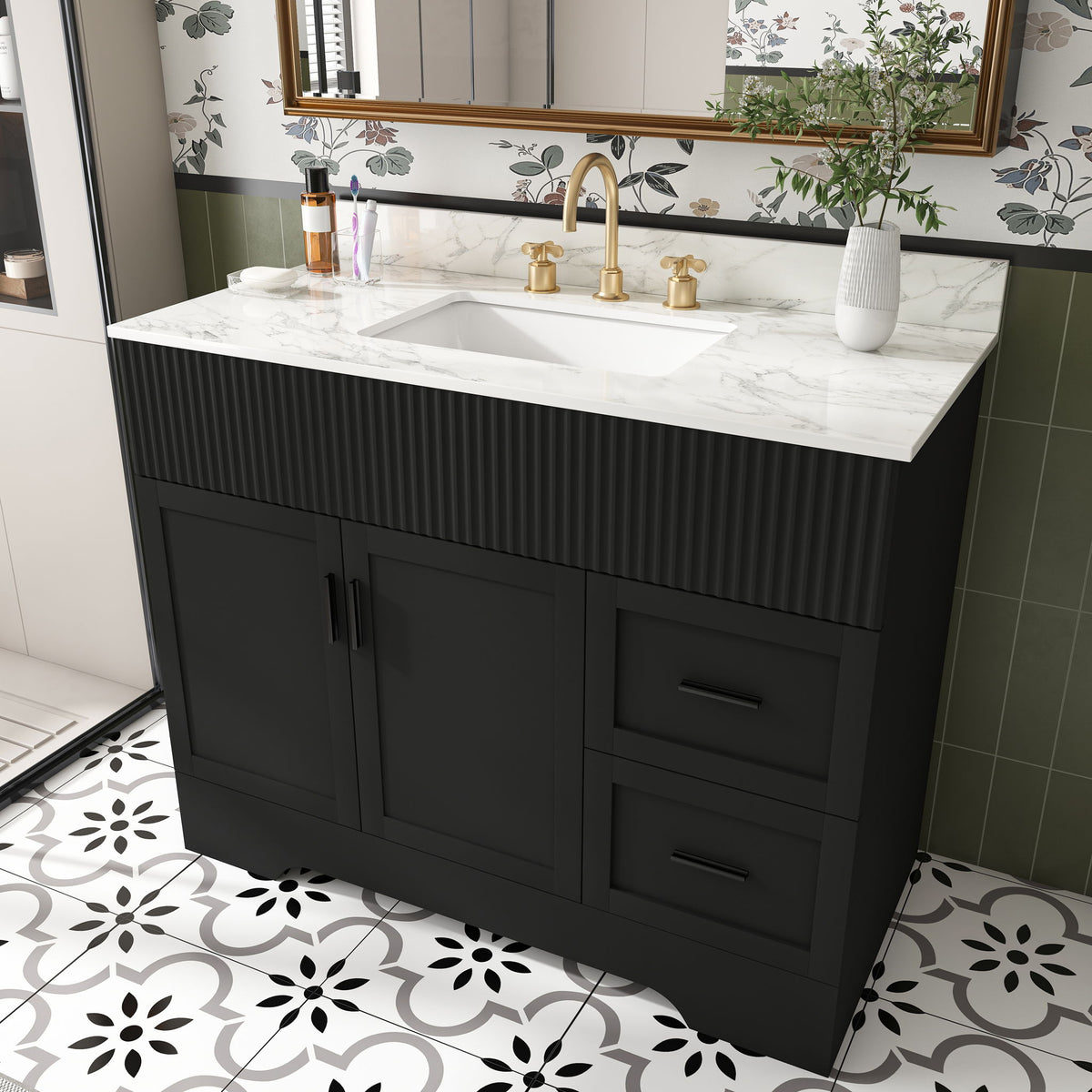 Black bathroom vanity with white marble top, integrated sink, ribbed doors, and drawers