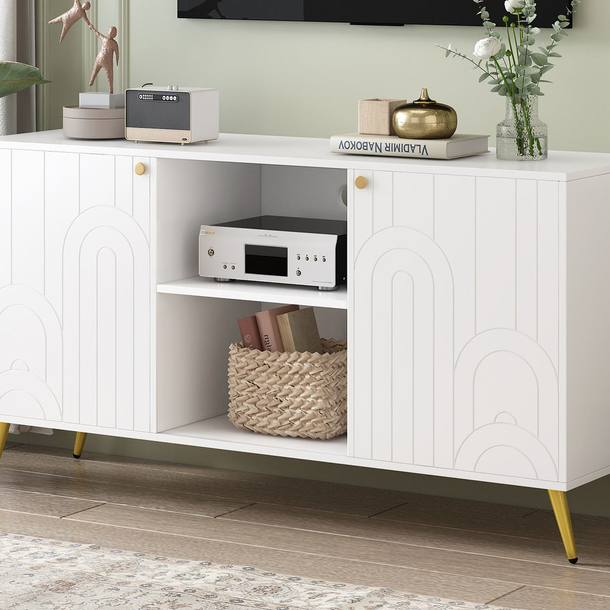 Modern TV Stand With Adjustable Shelf, Handles And Anti-Tip Device