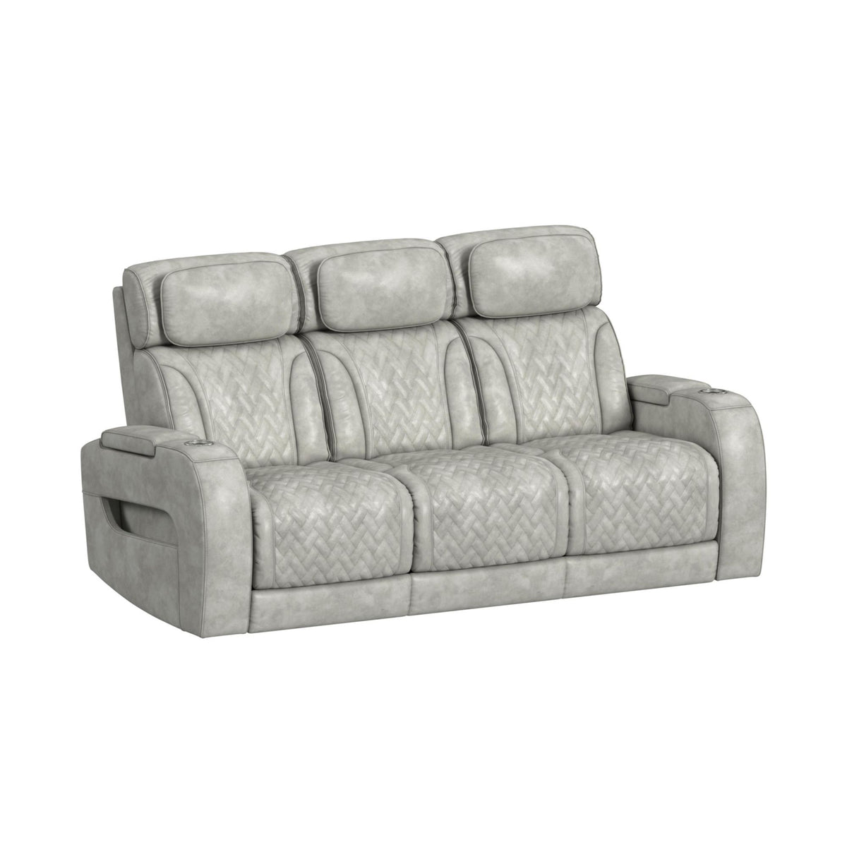 Light gray recliner sofa with quilted fabric, three back cushions, and armrests