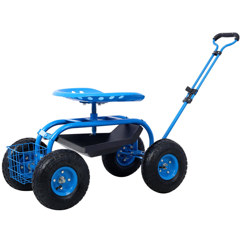 Blue garden scooter cart with swivel seat, black tool tray, and wire front basket
