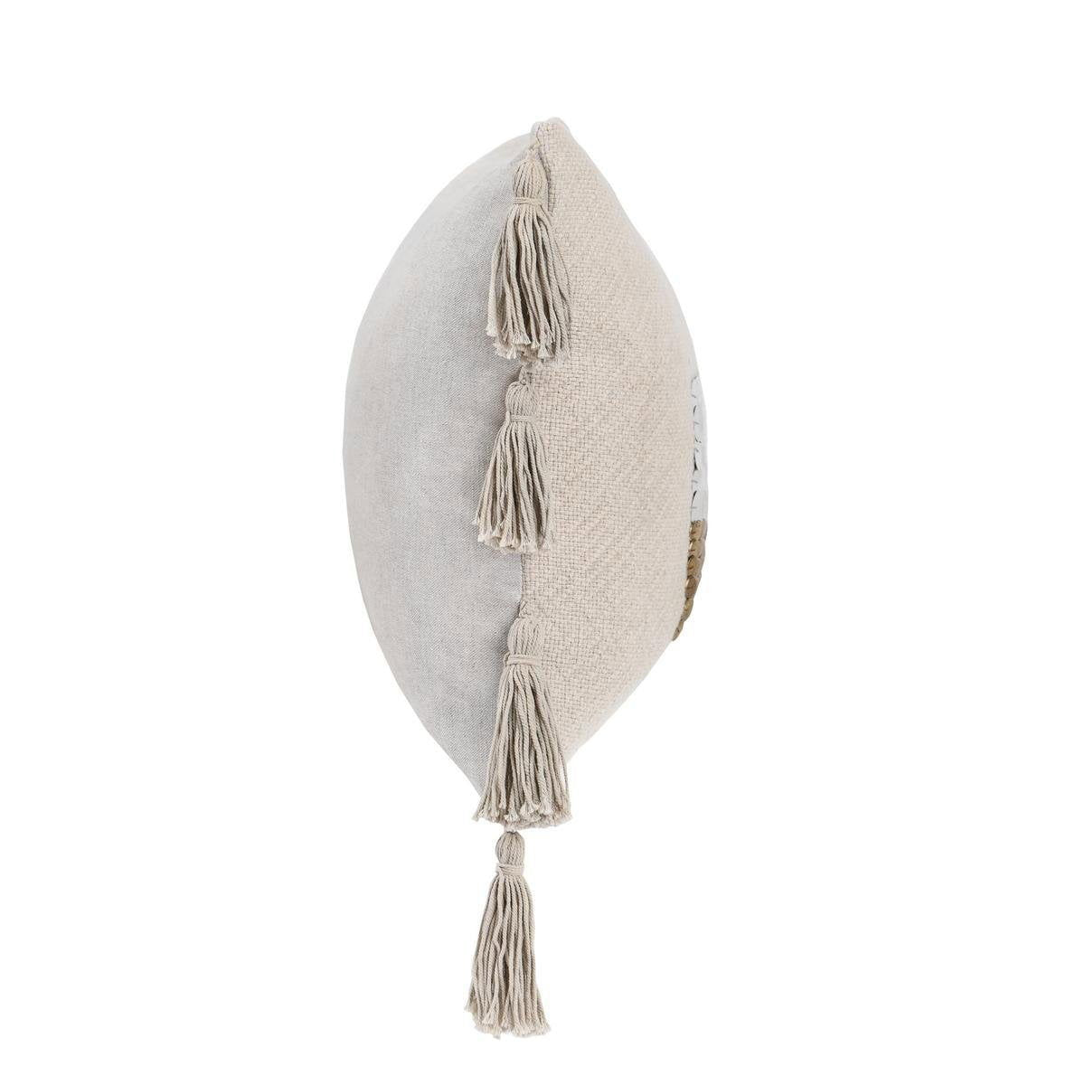 Natural 14x20 pillow showing thick side with hanging tassel trim