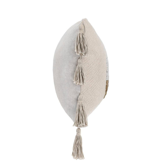 Natural 14x20 pillow showing thick side with hanging tassel trim
