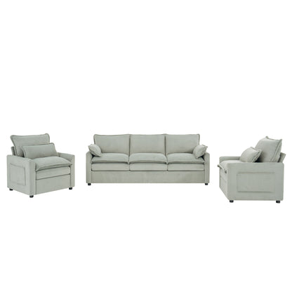 Light gray 3-piece sofa set featuring loveseat and two matching armchairs, plush cushions