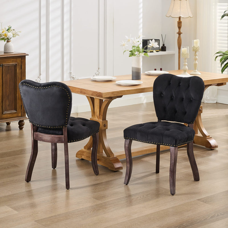 French Vintage Tufted Upholstered Fabric Dining Chair,Set of 2,Black,SW1869BK