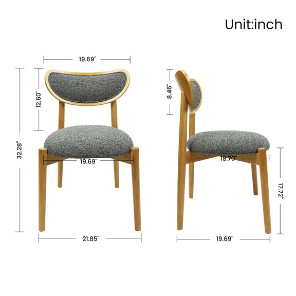 Dark gray upholstered dining chair with front and side dimensions