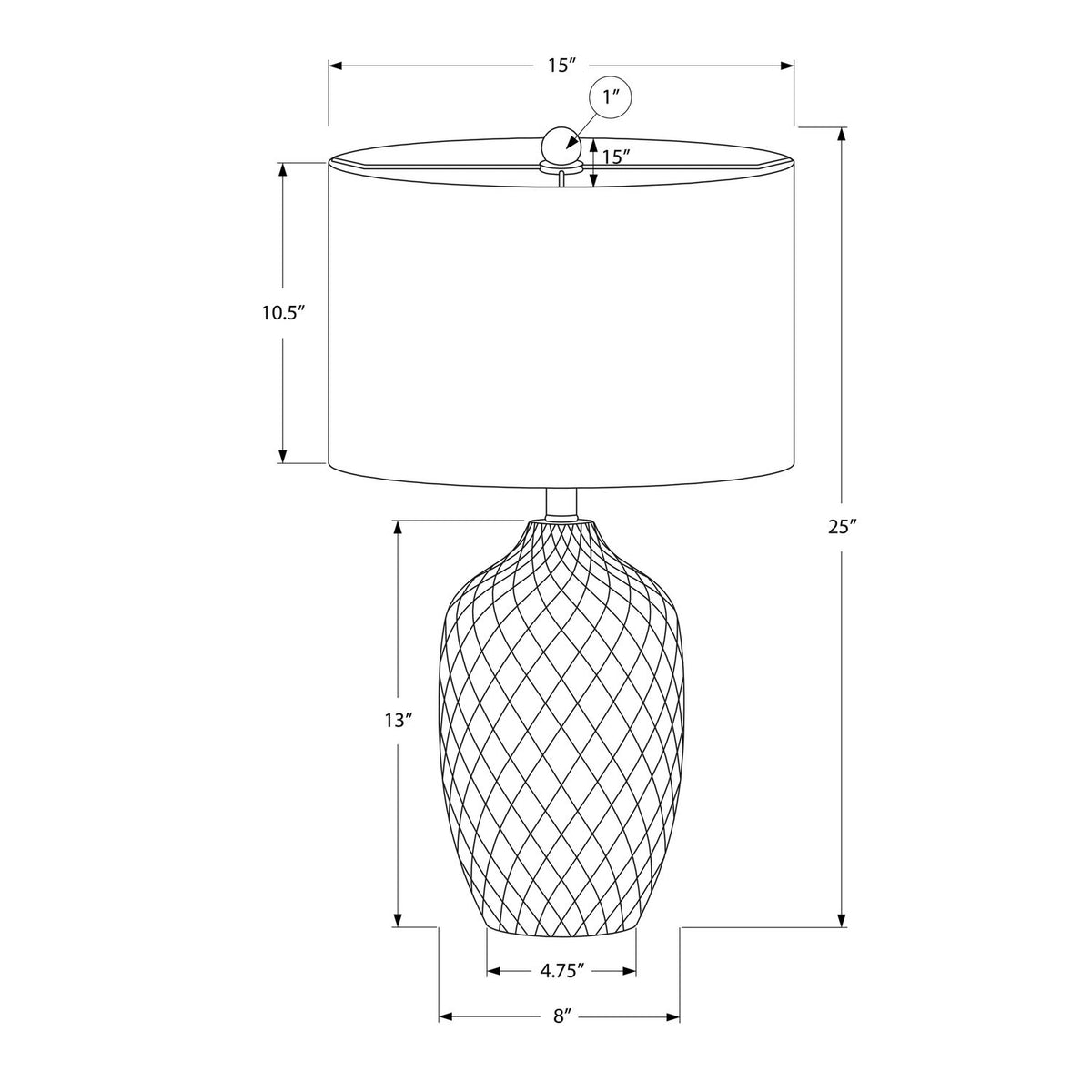 Table lamp dimensions diagram: 25 in high, 15 in shade, 8 in base width